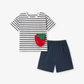 Gestreepte zomerse set voor meisjes met aardbeiapplicatie en donkerblauwe short - 2Y(90cm) / Aardbei Streep Stijl (2199)