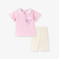 Mädchen-Set mit rosa Peter-Pan-Kragen-Oberteil und cremefarbener Hose mit Stickerei - 2Y(90cm) / Rosa Top Und Cremefarbene Hose (K2144)