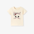 Schattig beige katoenen meisjes t-shirt met lieve cartoon kat en bloemenkrans ontwerp - 6Y(130cm) / Crème Kat met Bloemkrans Stijl (50100)