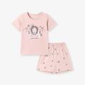 Pink short sleeve toddler pajama set with cartoon print and floral pattern shorts - 2Y(90cm) / Light Pink