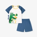 Ensemble d'été en coton pour enfant avec t-shirt crocodile et short dinosaure bleu - 6Y(130cm) / Style Alligator se brossant les dents (K2149)