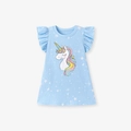 Abito estivo in cotone azzurro per bambina con stampa unicorno e maniche a volant - 2Y(90cm) / Stampa Unicorno (KS0136)