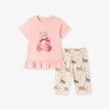 Zweiteiliges Set für Mädchen mit rosa Katzen-T-Shirt und floraler Leggings-Kombination - 4Y / Rosa (K2162)