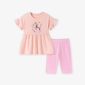 Ensemble d'été rose pour fille avec haut brodé licorne et legging à rayures - 2Y(90cm) / Rose (K2173)