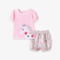 Completo estivo rosa da bambina con stampa unicorno e pantaloncini a fiori morbidi - Set Unicorno (K2143) / 2Y(90cm)