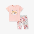 Set estivo rosa da bambina con maniche a volant, ricamo a gatto e pantaloni floreali - 6Y(130cm) / Completo Floreale Rosa (K2183)