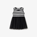 Sleeveless girls striped dress with a black tiered mesh tutu skirt in a classic style - Black And White Striped Patchwork Black Mesh (KS0183) / 6Y(130cm)
