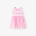 Robe sans manches à rayures roses pour filles avec jupe en tulle de coton doux - Rayé Rose et Blanc Patchwork Mesh Rose (KS0184) / 6Y(130cm)