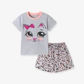 Set estivo grigio da bambina con t-shirt gatto e pantaloncini stampa leopardata - 2Y(90cm) / Gatto del Fumetto Grigio (2245)