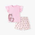Set pigiama rosa da bambina con unicorno maniche a volant e pantaloncini - 2Y(90cm) / Rosa