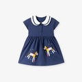 Abito blu navy da bambina a maniche corte con colletto bianco e pony arcobaleno - 2Y(90cm) / Stile Ricamo Cavallo Blu Scuro (KS0152)