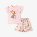 Pink girl's summer cotton set featuring ruffled flutter sleeves and cute bunny print - 6Y(130cm) / Pink Bunny Print Set (K2180) (Pre-sale)