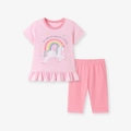 Completo estivo rosa per bambina con unicorno, arcobaleno e maglietta con volant - 2Y(90cm) / Rosa