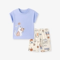 Little Maven girls summer two-piece pajama set with cat embroidery and house prints - 2Y(90cm) / Lavender