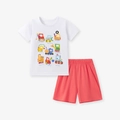 Completo estivo da bambino con t-shirt bianca motivo escavatore e pantaloncini rossi - 2Y / Stile Veicoli da Cantiere Animati (2187)