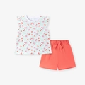Ensemble d'été deux pièces pour fille avec haut floral et short corail à nœud - 6Y(130cm) / Haut blanc fleuri + Short orange corail (2240)