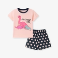 Pink girls' dinosaur print short sleeve t-shirt with navy blue polka dot shorts set - 2Y(90cm) / Pink