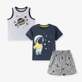 Ensemble 3 pièces garçon avec t-shirt astronaute, débardeur gris et short imprimé espace - Ensemble Trois Pièces Astronaute Bleu Marine Et Gris / 2Y(90cm)