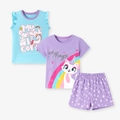 Mädchen 3-teiliges Sommer-Set mit Einhorn-Top, Regenbogen-Katzen-T-Shirt und Shorts - 2Y(90cm) / Lila/Blau Einhorn Katze Set (2226)