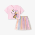Pink girls' unicorn t-shirt and rainbow tulle tutu skirt two-piece summer clothing set - 2Y(90cm) / Pink