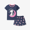 Set pigiama estivo da bambina blu navy con stampa gatto unicorno sulla luna - 2Y(90cm) / Gatto Blu Marino (2236)