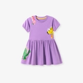 Abito lilla in cotone per bambine con ricamo di dinosauri e scollatura gialla - 2Y(90cm) / Viola (S3257)