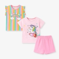 Set estivo da bambina 3 pezzi in cotone con stampe arcobaleno e unicorno e pantaloncini rosa - 2Y(90cm) / Stile Unicorno Arcobaleno Rosa (2242)
