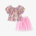 Girls floral short sleeve top with pink layered tulle tutu skirt two-piece summer set - 2Y(90cm) / Floral Top & Pink Mesh Skirt (S3267)