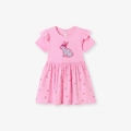 Abito rosa a maniche corte per bambine con ricamo a coniglio e gonna floreale - 2Y(90cm) / Rosa (S3250)