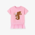 Roze katoenen meisjesjurk met korte mouwen, schattig konijntje en roze tule rokpand - 2Y(90cm) / Roze (S3340)