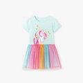 Light blue unicorn short sleeve dress with colorful rainbow tulle skirt for girls - 2Y(90cm) / Unicorn Rainbow Mesh Style (S3342)