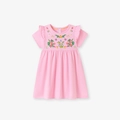 Rosa kurzärmeliges Baumwollkleid für Mädchen mit Blumenstickerei und Rüschenärmeln - Rosa (S3307) / 2Y(90cm)