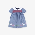 Blue cotton girls dress with white polka dots, Peter Pan collar and rabbit embroidery - 3Y(100) / Blue Polka Dot Embroidery (S0756)