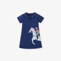 Short-sleeve navy blue polo dress for girls with horse embroidery and Peter Pan collar - 2T(90) / Dark Blue (S0433)