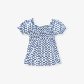 T-shirt fille en coton à fleurs avec buste smocké et manches bouffantes en bleu et blanc - Floral Bleu (51725) / 2T(90)