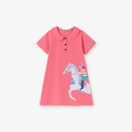 Pink short sleeve girl dress with Peter Pan collar and cartoon horse print - 2T(90) / Pink (s3106)