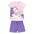 Pink girls cotton summer set with unicorn t-shirt and purple shorts in soft knit fabric - 7Y (140cm) / Pink Unicorn (2Y0101)