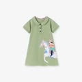 Short-sleeve bean green girl's dress with Peter Pan collar and horse embroidery - 7T(140) / Bean Green (s3107)