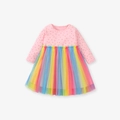 Abito rosa a maniche lunghe per bambine con paillettes dorate e gonna tutù arcobaleno - Vestito Arcobaleno a Pois Rosa (S1616) / 2Y(90cm)