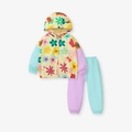 Ensemble fille avec veste à fleurs et pantalon color-block en tons pastel doux - 2Y(90cm) / Style Floral Bloc de Couleur (22102)
