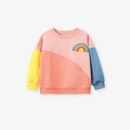 Colorful color-block girls sweatshirt with rainbow embroidery patch and ribbed cuffs - 7Y(140cm) / Pink Color Block(22207T)