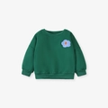Felpa da bambina verde scuro in pile con fiore 3D blu e polsini a costine - 6Y(130cm) / Parte superiore ricamata verde scuro sola (senza pantaloni) (22083T)