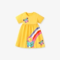 Yellow cotton short sleeve girls dress with rainbow stripes and butterfly appliques - Yellow Style (S1820) / 2Y(90cm)
