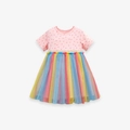 Robe rose à pois avec jupe en tulle arc-en-ciel pour petites filles en été - Rose Arc-en-ciel (S1878) / 2Y(90cm)