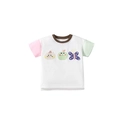 Camiseta de algodón blanco para niñas con estampado de gato, manzana y mariposa - 6Y(130cm) / Estampado Dibujos Animados Bloque de Color (22305)