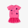 Short-sleeve rose pink girls dress with sequined bears and a layered tulle skirt - 6Y(130cm) / Rose Pink