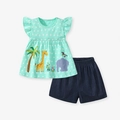 Girls mint green polka dot top with giraffe embroidery and navy shorts summer set - Polka Dot Ruffle Sleeve Set (H22026) / 2Y(90cm)