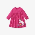 Robe fille en coton magenta à manches longues avec broderie de cheval et fleurs - 7A(140cm) / Motif Licorne Fuchsia (GS1860)