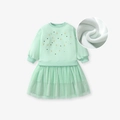 Abito bambina verde menta foderato in pile con ricami di stelle e gonna in tulle - 2Y(90cm) / Verde Menta (GS1930)