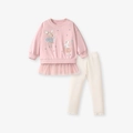 Felpa rosa a maniche lunghe da bambina con stampa di topi e bordo in tulle - 2Y(90cm) / Set Felpa e Pantaloni (G20004)